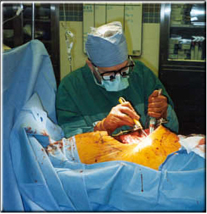 Dr. Robert Cameron of UCLA meticulously cauterizing tumor from Han's lungs, chest wall, diaphragm and heart lining. The marathon operation took approximately 11 hours. Dr. Cameron successfully removed all visible tumor from Han's chest cavity, a total of 3.5 pounds of tumor. The tumor was much larger than predicted by the CT scan. Hans was able to walk one day after his pleurectomy / decortication.